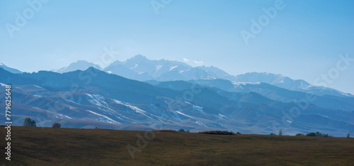 Mountain landscape along the border mountains of the Pamir Highway. Landscape with fast mountain river. Autumn colored landscape.