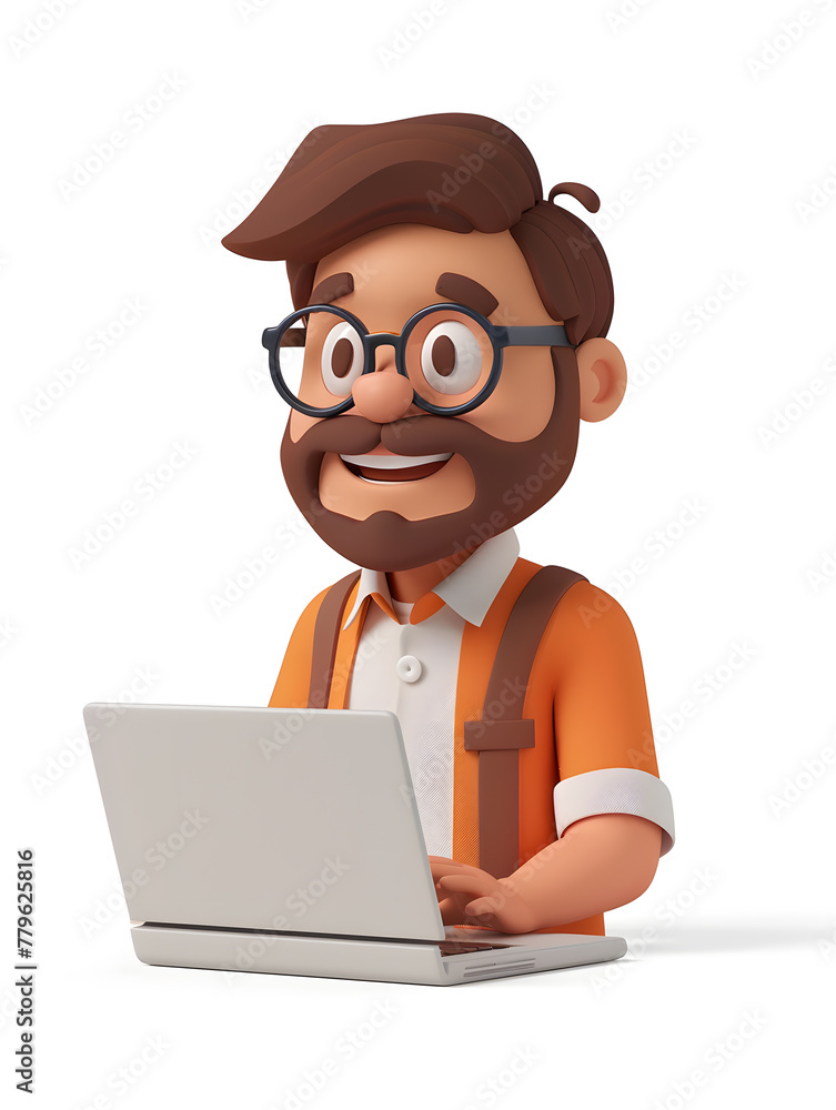 3D cartoon bearded hipster man working with laptop isolated on white background 3D cartoon bearded hipster man working with laptop isolated on white background