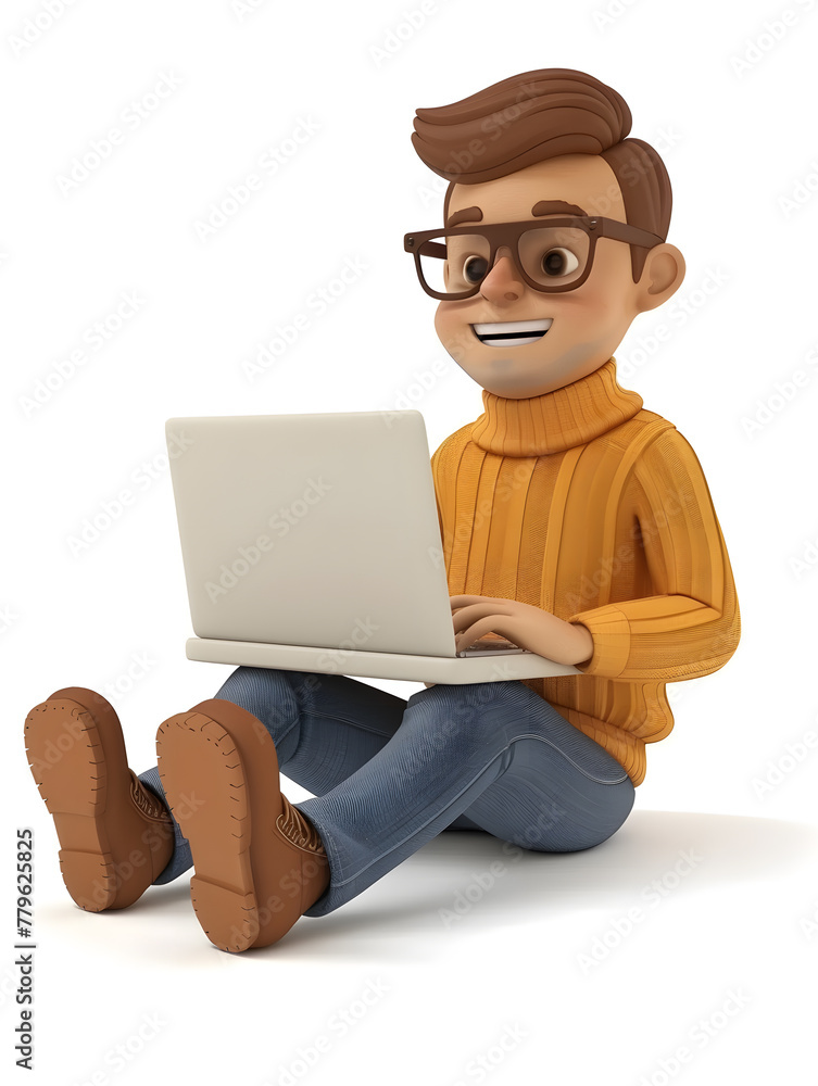 3D cartoon man working with laptop isolated on white background