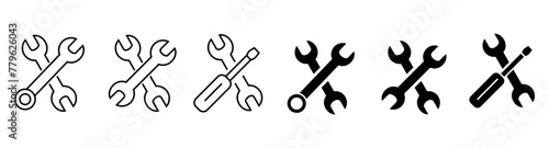 Wench icon set. Crossed wrench tool with ratchet vector icon set. Symbol and sign of hand tool, mechanic job, technical, setup, setting, construction, website builder.