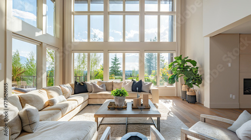 Scandinavian Living Room with Neutral Palette, High Ceilings, Expansive Windows, and Sleek Coffee Table  © Supawit