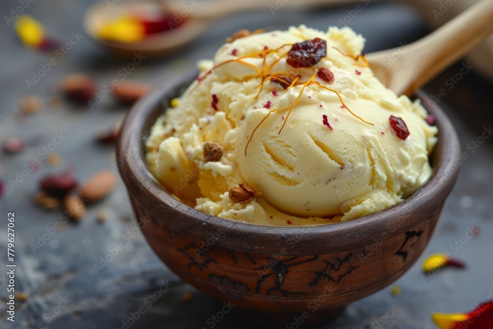 Matka kulfi with saffron dry fruit and wooden spoon Matka kulfi with saffron dry fruit and wooden spoon