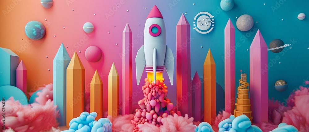 Dynamic growth in a 3D world graph bars and a rocket dep Dynamic growth in a 3D world graph bars and a rocket dep