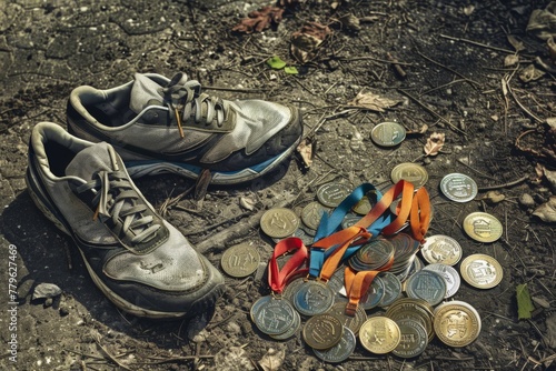 worn pair of running shoes displayed beside a collection of medals earned at races supporting various causes