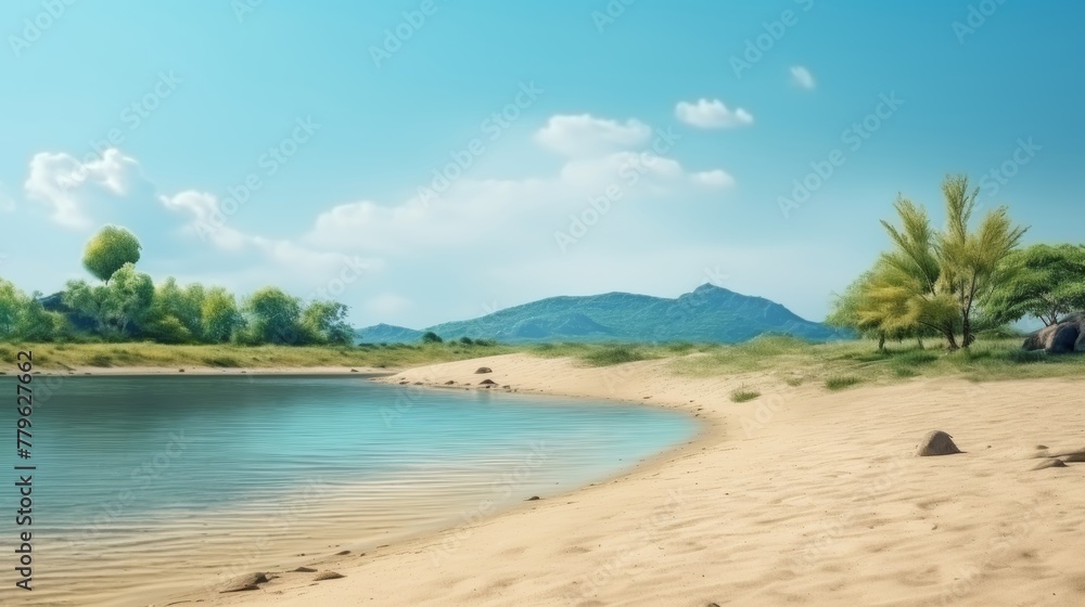 Tranquil desert scene sand dunes meet lush green oasis lake in serene landscape concept Tranquil desert scene sand dunes meet lush green oasis lake in serene landscape concept