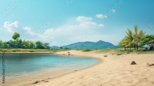 Tranquil desert scene sand dunes meet lush green oasis lake in serene landscape concept