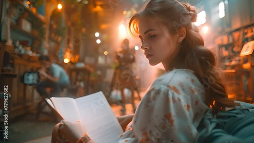 back shot of an actress sitting on a chair in a movie set, holding and reading a script in one hand. generative ai