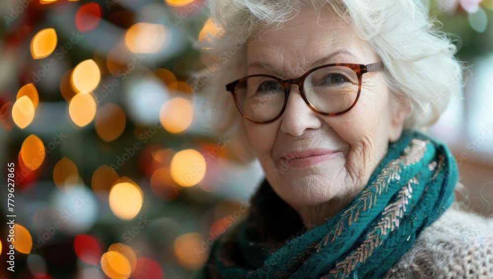 Christmas Cheer: A Senior's Warm Smile Amidst Festive Lights - Generative AI Christmas Cheer: A Senior's Warm Smile Amidst Festive Lights - Generative AI