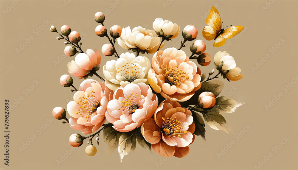 Obraz premium a bouquet of blooming peach-colored flowers with a single yellow butterfly