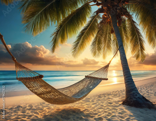 Tranquil scene with a hammock tied between palm trees at sunset on a peaceful beach