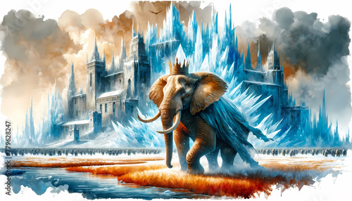 The Elephant King's Stand Against the Ice Castle - A Watercolor Masterpiece
