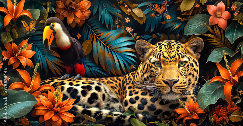 Naklejka premium A colorful jungle scene with a leopard laying down. Concept of peace and tranquility in the midst of nature