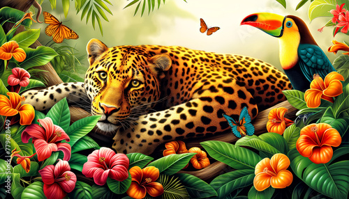 A colorful jungle scene with a leopard laying down. Concept of peace and tranquility in the midst of nature © Svetlana Kolpakova