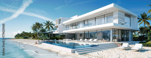 modern mansion on the beach with pool and large windows, all white facade, blue sky, beach chairs in front of it © Kien