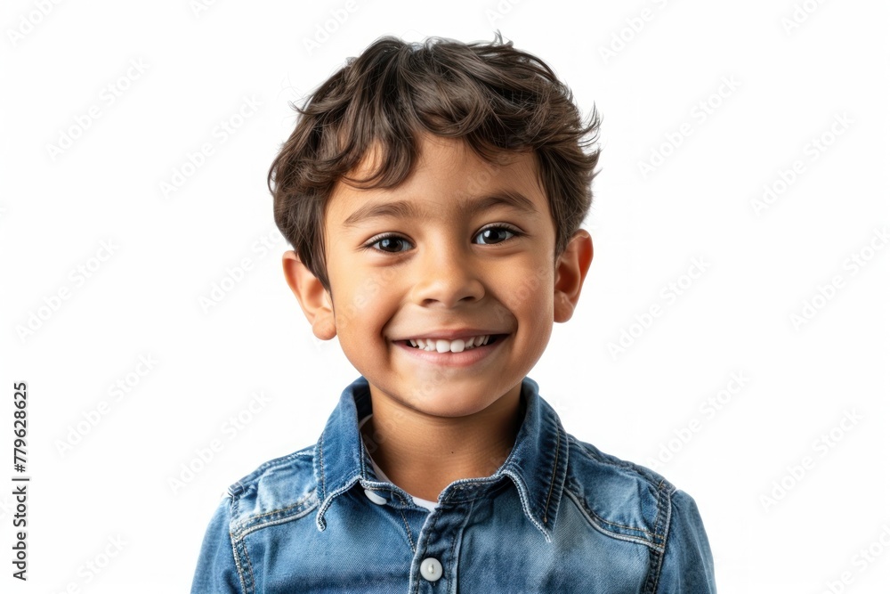 Joyful Young Spirit: Curly-Haired Boy Smiles Brightly in Denim Generative AI