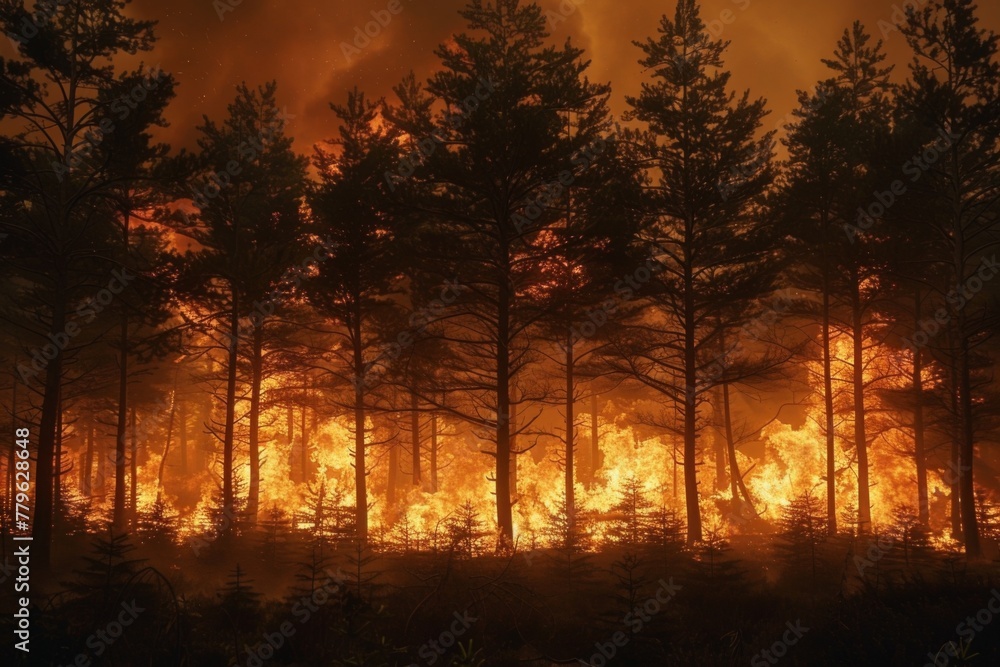 A catastrophic forest fire consuming a pine woodland at night. A catastrophic forest fire consuming a pine woodland at night.