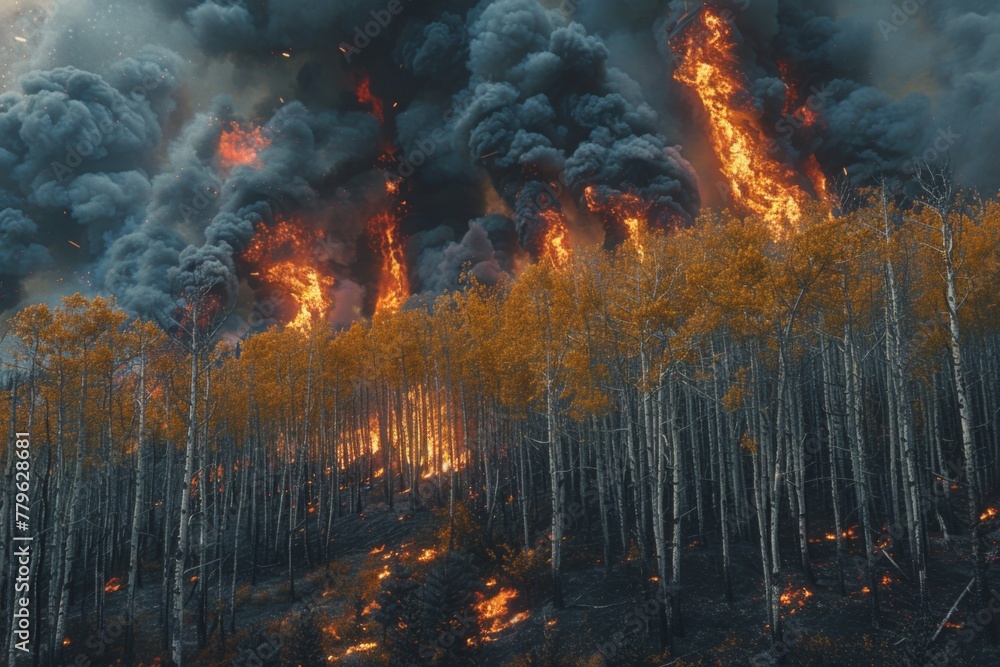 Fiery flames engulf a forest under a stormy, dark smoke-filled sky.