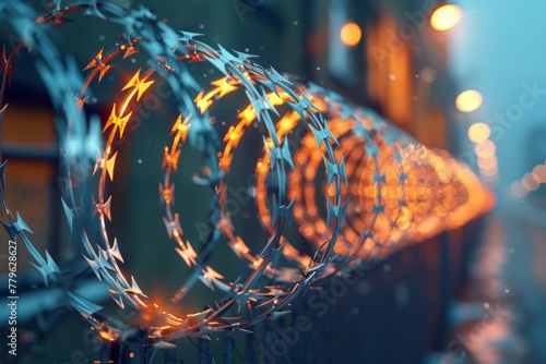 A fence with barbed wire glowing with orange lights at dusk in an urban setting. photo