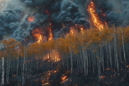 Fiery flames engulf a forest under a stormy, dark smoke-filled sky. © Good AI
