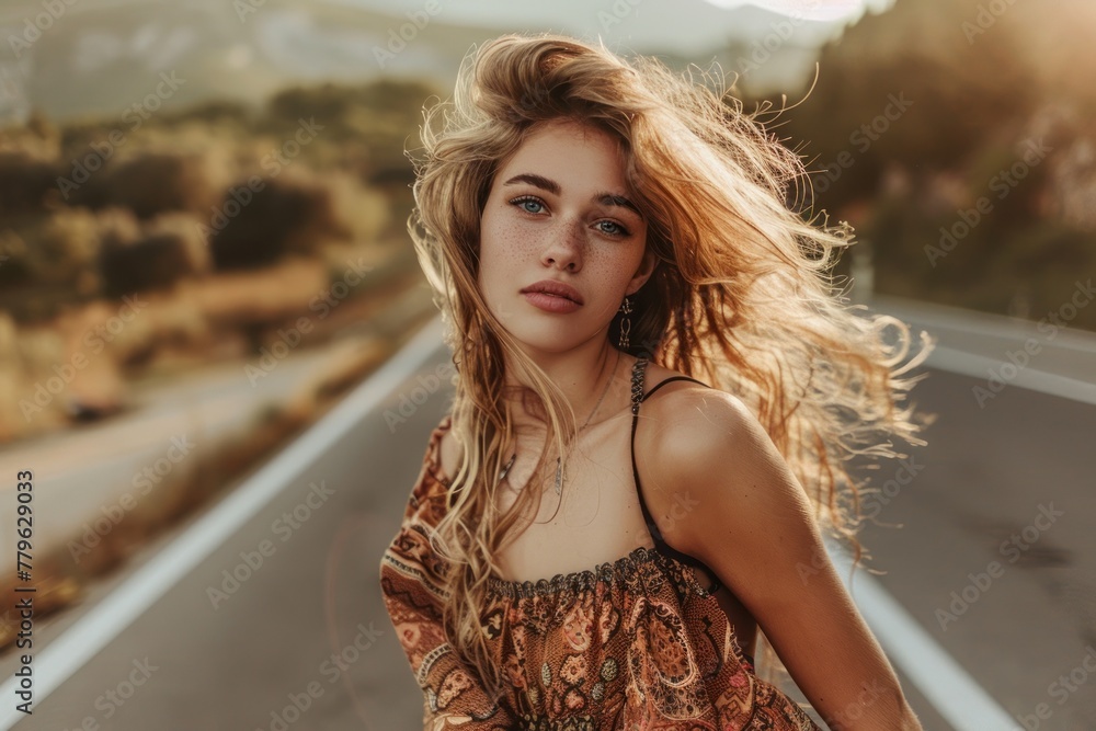 Naklejka premium Sunset Wanderlust: Fashionable Woman Embracing Bohemian Elegance - Generative AI