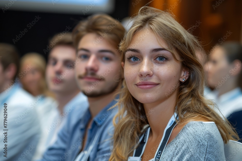 A young woman with blonde hair, focusing attentively at a seminar. A young woman with blonde hair, focusing attentively at a seminar.