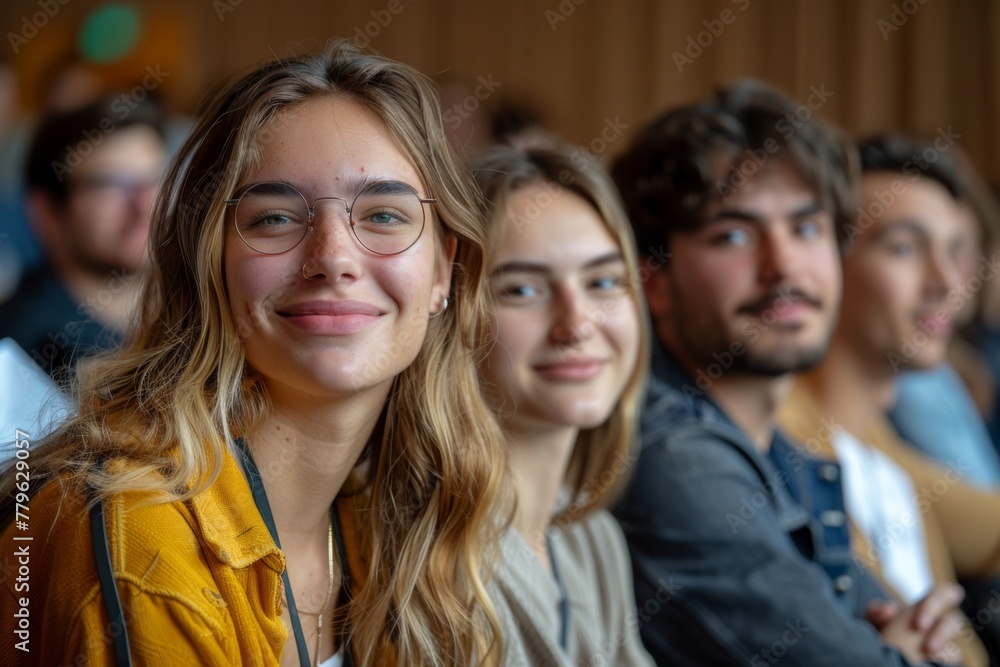 A smiling young woman with blue eyes at a crowded seminar. A smiling young woman with blue eyes at a crowded seminar.
