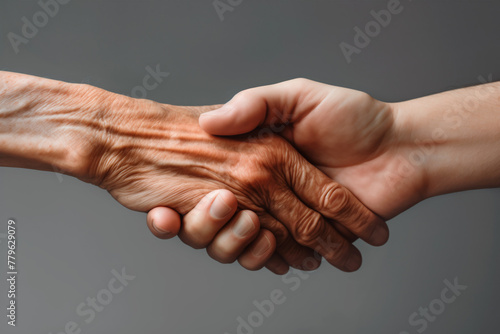 A young hand holding an old hand, helping and caring for the elderly, family support, solidarity, assistance for senior and aging people