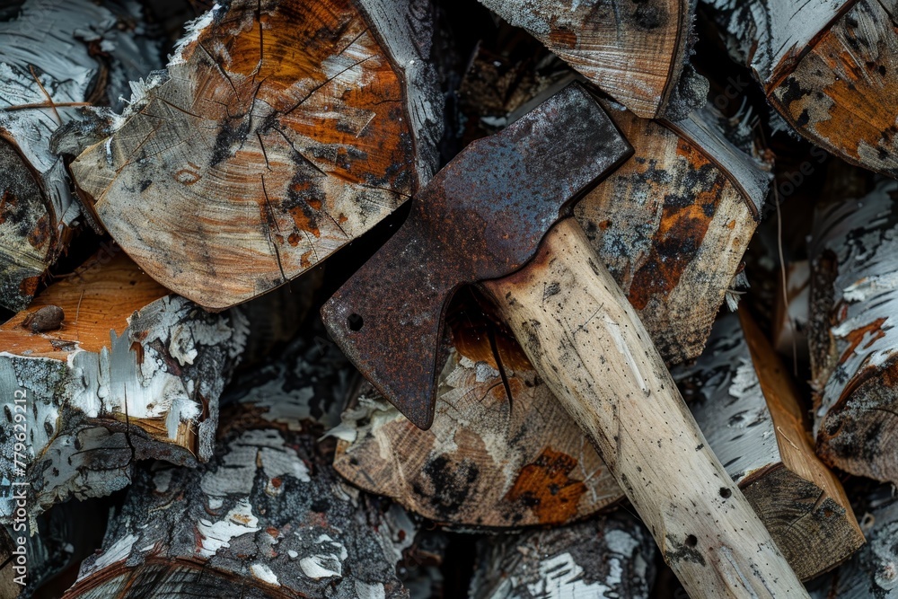 old ax cutting birch wood old ax cutting birch wood