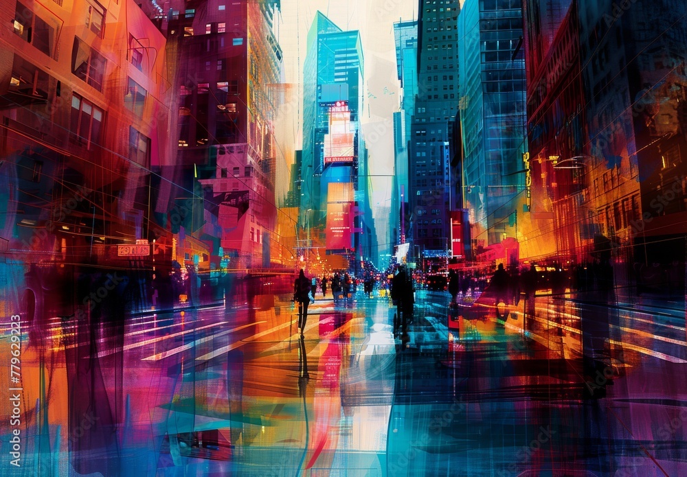 Dynamic compositions capturing the hustle and bustle of city life, with bold colors, sharp lines, and abstract representations of skyscrapers, streets, and urban landscapes