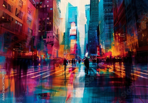 Dynamic compositions capturing the hustle and bustle of city life  with bold colors  sharp lines  and abstract representations of skyscrapers  streets  and urban landscapes