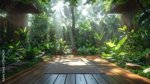 Serene tropical garden with sunlight © Denys