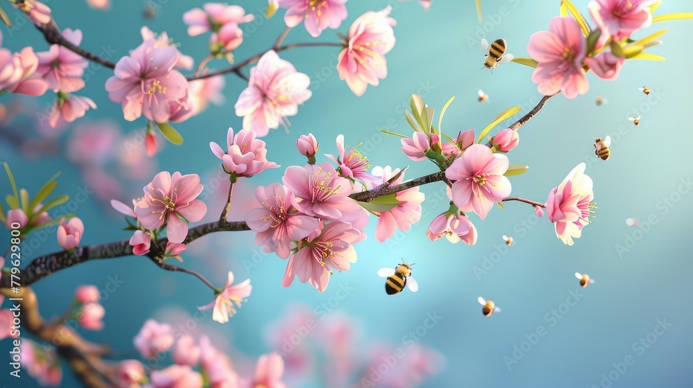 spring blossom in full bloom with bee on flowers branch spring blossom in full bloom with bee on flowers branch