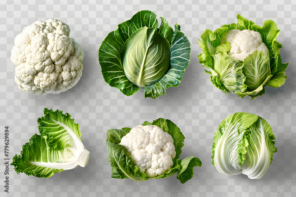 Collection of organic natural full cauliflower, cabbage and romaine lettuce vegetable. Collection of organic natural full cauliflower, cabbage and romaine lettuce vegetable.