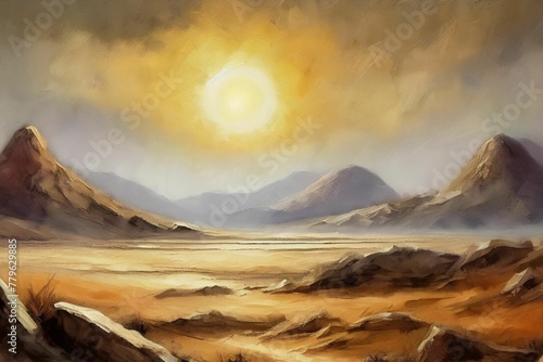Abstract desert landscape, dried up lake bed, bright sun in the sky large desert rocks