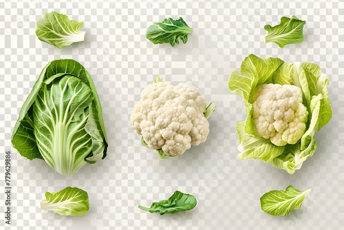 Collection of organic natural full cauliflower, cabbage and romaine lettuce vegetable.