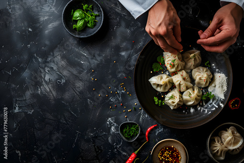 Professional chef hands preparing steamed or boiled dumplings in a bowl and arrange fine dining in Chinese or Japanese restaurant photo