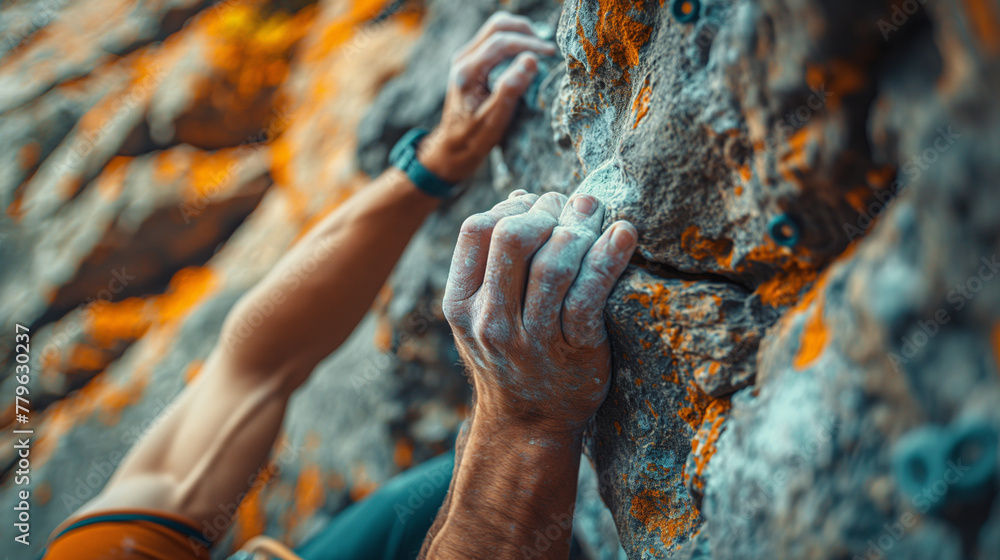 A close-up of hands gripping rocks demonstrates the physical strength and technique required for successful rock climbing. A close-up of hands gripping rocks demonstrates the physical strength and technique required for successful rock climbing.