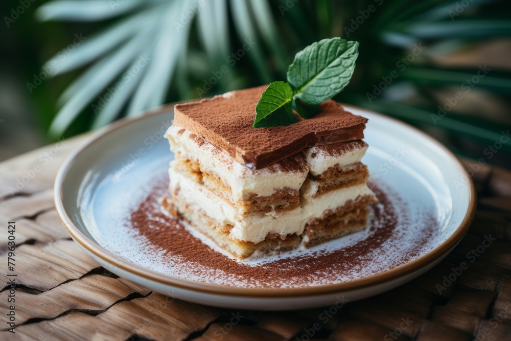 Juicy tiramisu on a palm leaf plate against a whitewashed wood background Juicy tiramisu on a palm leaf plate against a whitewashed wood background