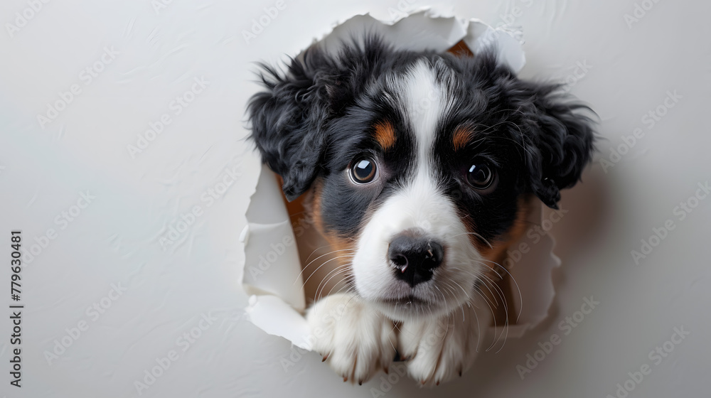 Cute puppy peeking through a hole on white paper wall 