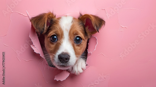 Cute puppy peeking through a hole on pink paper wall  photo