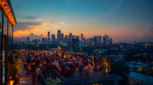 A rooftop party, with the city skyline glittering in the distance as the background, during a summer evening