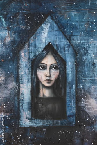 Woman in house shaped box. Personal safe space concept. Poster abstract illustration portrait.