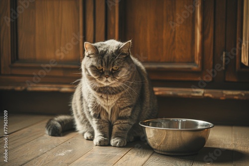 Overweight British feline waits by empty bowl for food © VolumeThings