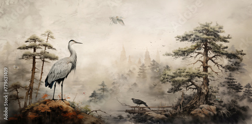 drawing wallpaper of a landscape of birds crane in the middle of the forest in vintage style for wall © haitham