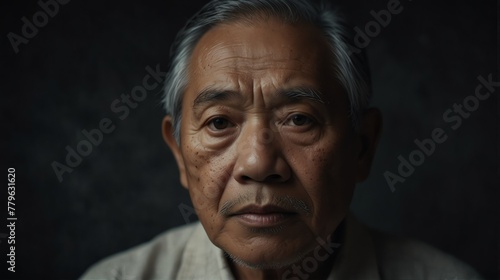 elderly asian man serious intimate portrait looking at camera from Generative AI