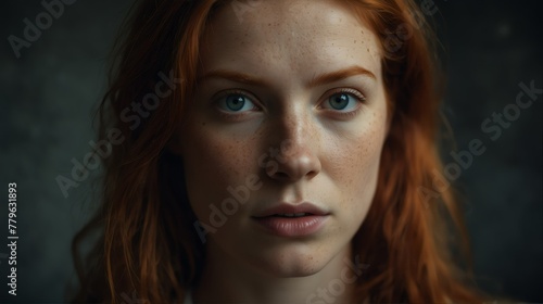 red head woman serious intimate portrait looking at camera from Generative AI