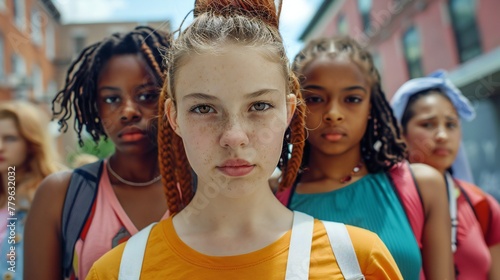 In a frontal view, girls stand together, facing systemic racism with unwavering resolve and collective strength.