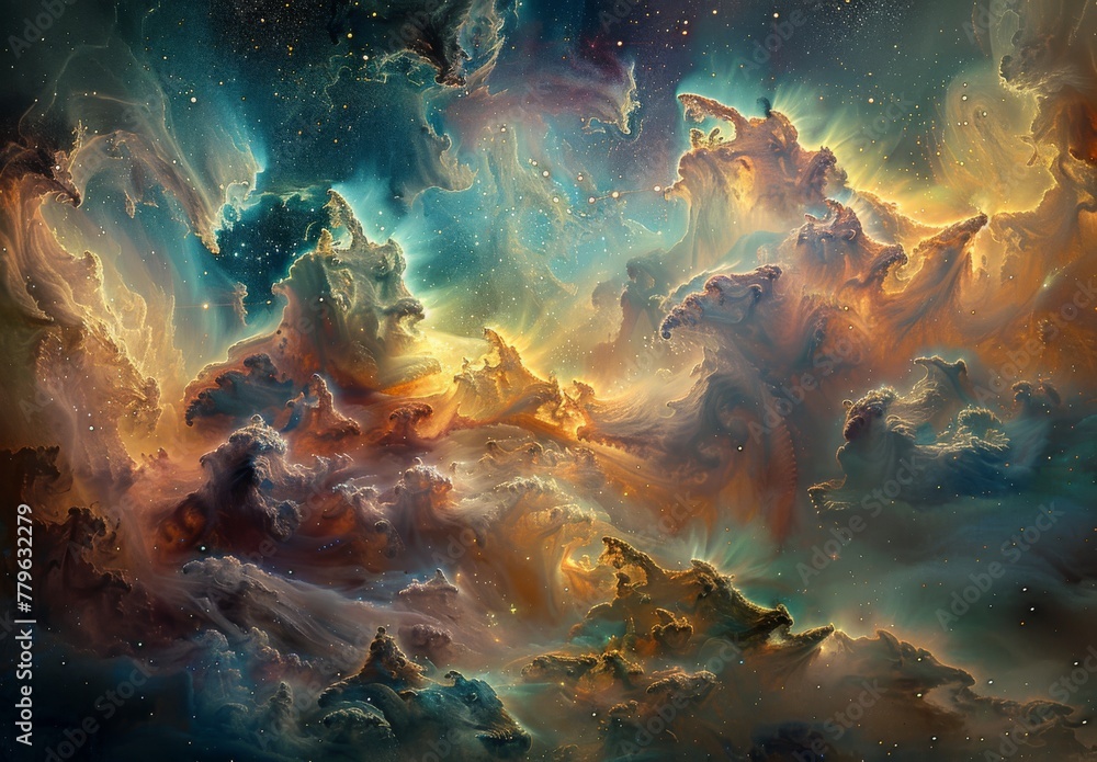 Ethereal depictions of the cosmos, including galaxies, stars, planets, and nebulae, in mesmerizing colors and abstract forms that evoke a sense of wonder and awe - obrazy, fototapety, plakaty 