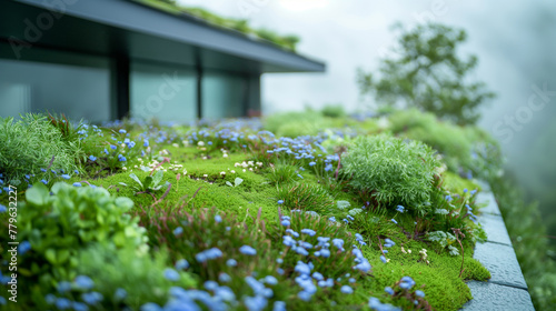 Close-up of a green roof covered in vegetation on a sustainable building, integrating nature with urban architectur photo