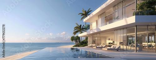 An architectural rendering of the exterior view across an infinity pool of a modernist mansion on beachfront in Miami Beach with white walls and large glass windows overlooking the coastal ocean photo